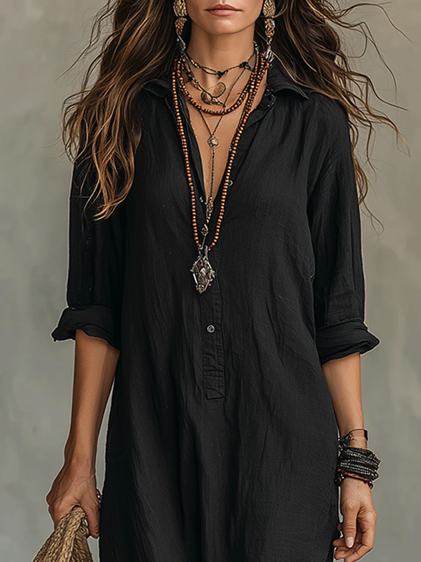 Robe longue boutonnée manches retroussables