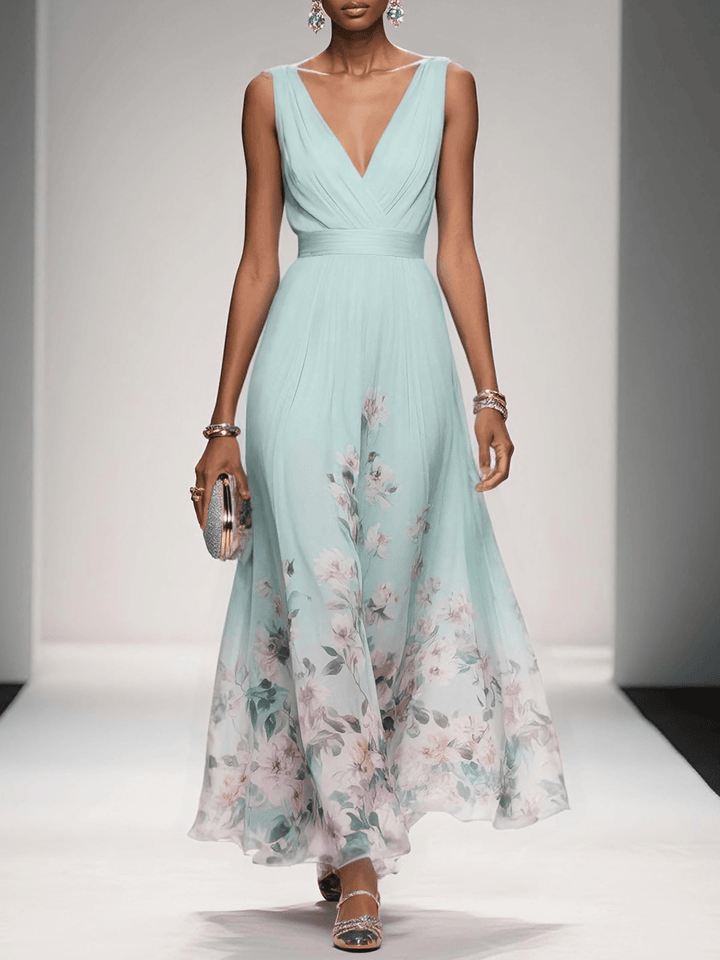 Rose | Robe Maxi Chiffon Fleurie Bleu Clair à Décolleté en V