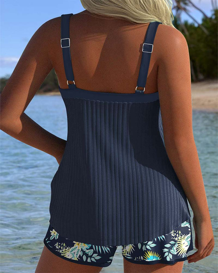 Laluna® | Ensemble Tankini Rayé avec Short de Plage à Deux Pièces