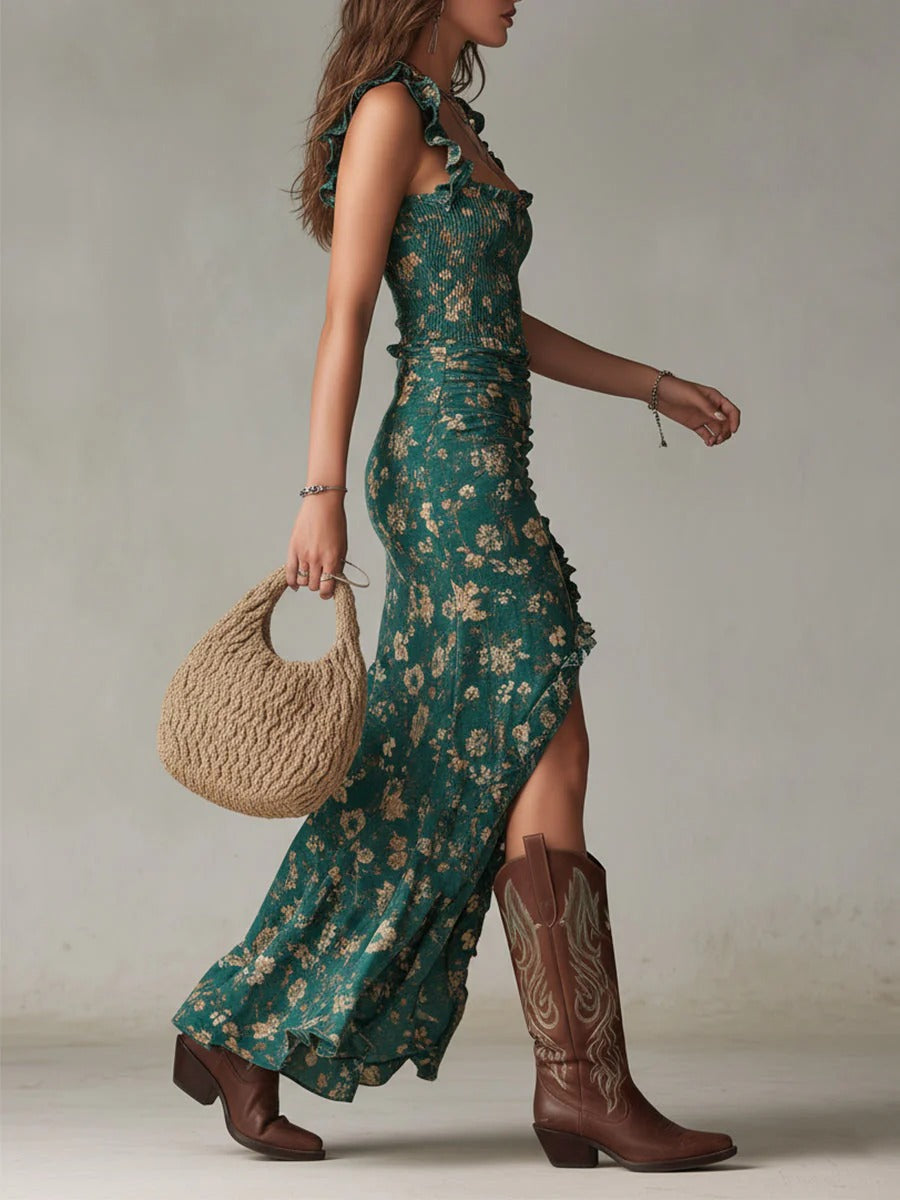 Liora | Robe midi ajustée imprimée avec fente