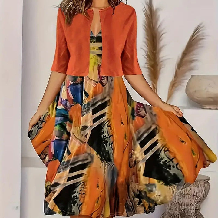 Robe midi imprimée avec veste légère assortie